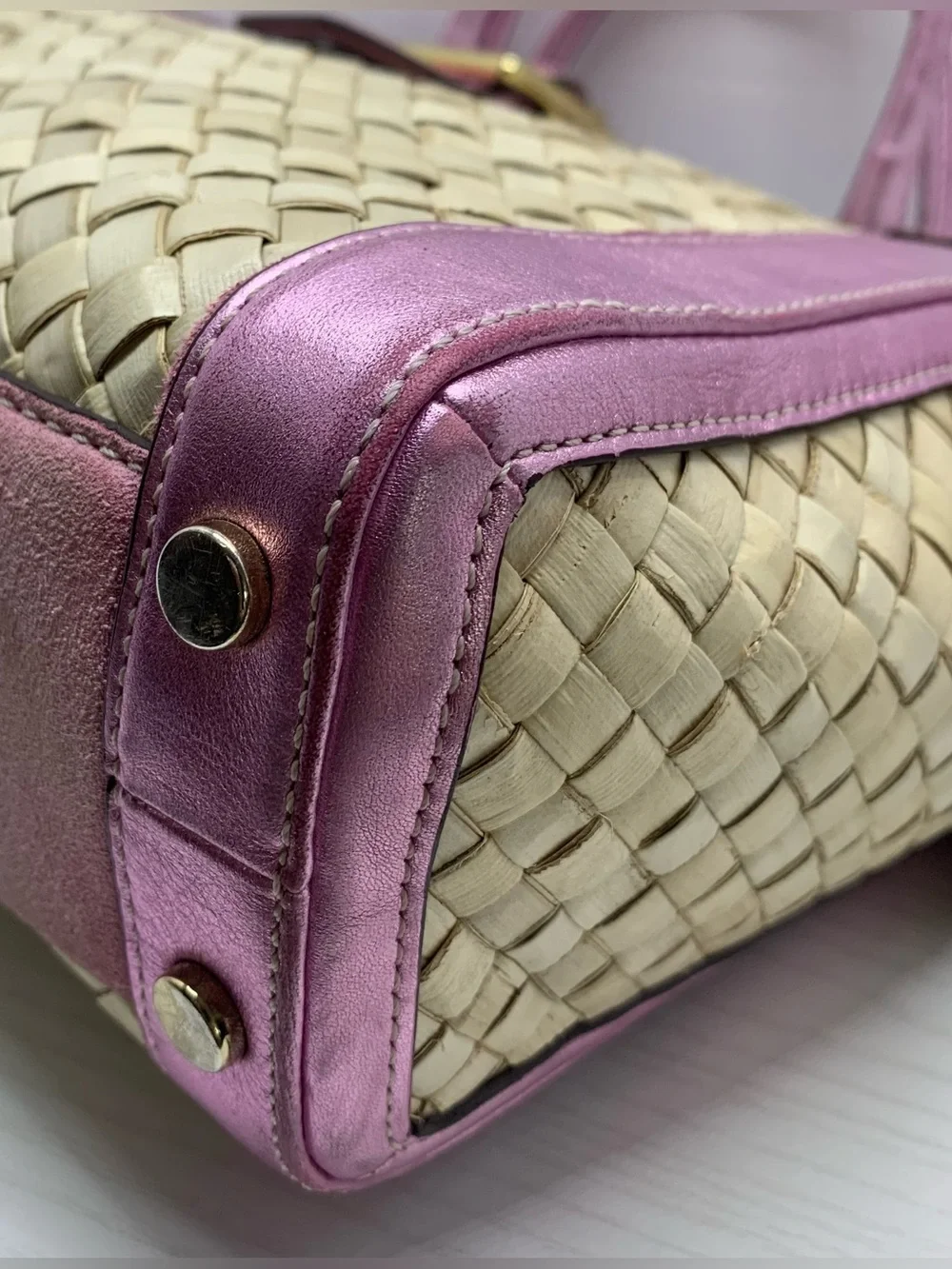 Coach Vintage 2004 Hamptons Pink Metallic Leather, Suede & Straw Tote,